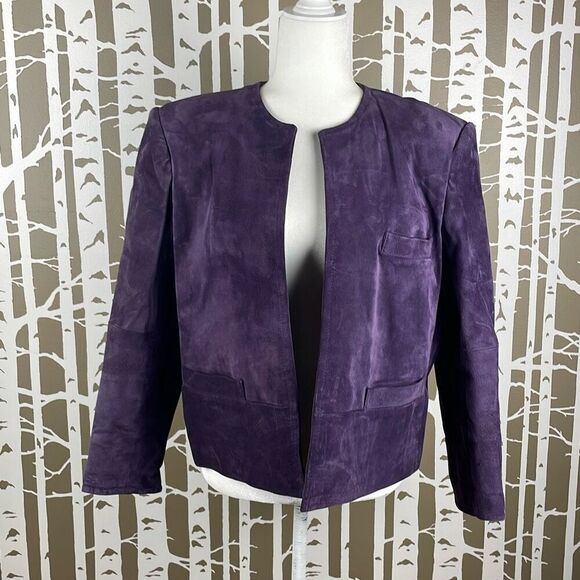 Vintage Talbots Purple Suede Collarless Open Front Blazer Jacket 12 Petite - Picture 1 of 9